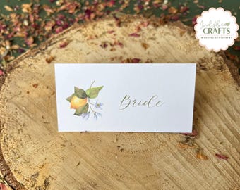 Lemon Wedding Name Place Cards, Botanical Table Name Cards for Mediterranean Wedding, Custom Guest Escort Cards, Handcrafted Place Settings