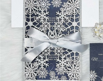 Snowflake Laser Cut Wedding Invitation Silver Glitter Invite Winter Wedding Silver and Navy Wedding Matching Envelopes Satin Ribbon