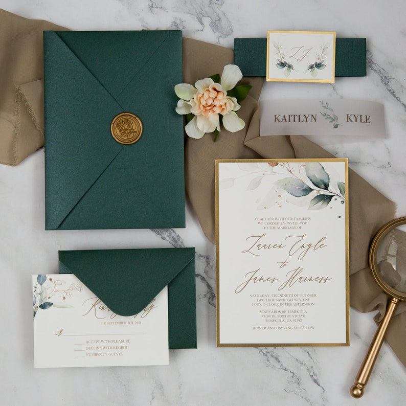 Green and Gold Wedding Invitations with Vellum Belly Band, Botanical Wedding Stationery with RSVP, Customised Invites for Dream Wedding image 1