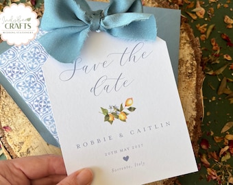 Lemon Save the Date Card with Dusty Blue Ribbon, Mediterranean Design, Destination Wedding, Sorrento Italy, Luggage Tag Save the Date