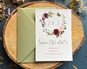 Sage Heart Rustic Save the Date | Floral Wreath Wedding Save the Dates | Floral Wedding Invitations | Wedding Stationery | Rustic Wedding