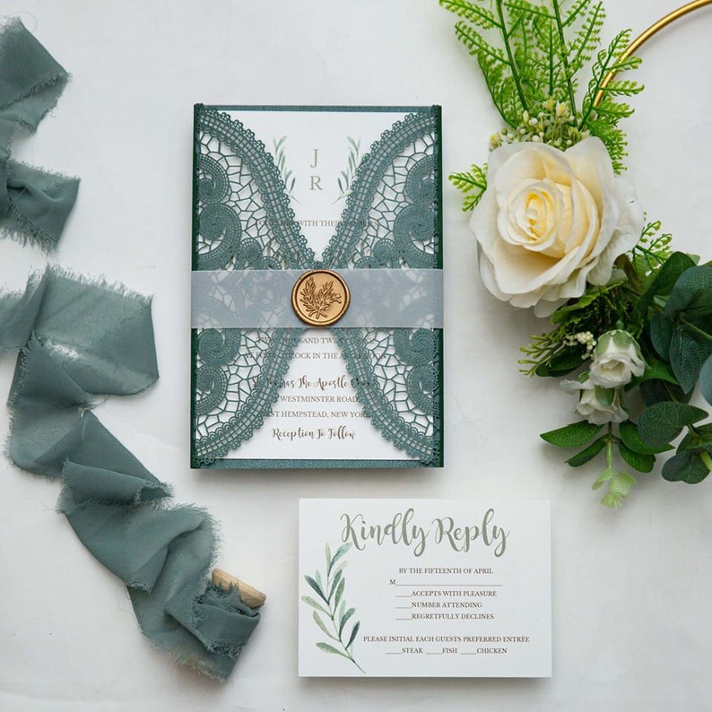 Emerald Green Laser Cut Wedding Invitations Delicate and Etsy