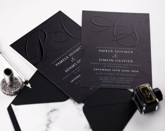 Unique Black and White Monogram Wedding Invitation, UV Printing, Black Invitation, Embossed Wedding Stationery