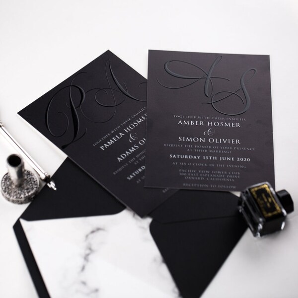 Unique Black and White Monogram Wedding Invitation, UV Printing, Black Invitation, Embossed Wedding Stationery