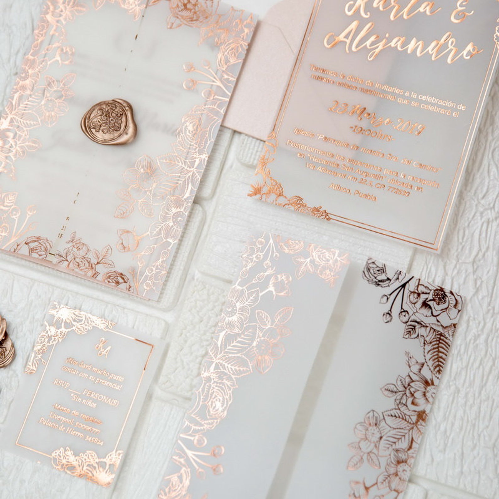 Copper Foil Botanical Vellum Paper Pocket Wedding Invitation Etsy
