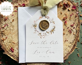 Wildflower Save the Date, Rustic Wedding, Wax Seal Wedding Invites, Wedding Stationery, Save the Evening, White Envelope