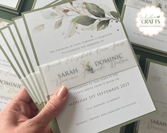 Wedding invitation with green leaves design for rustic weddings