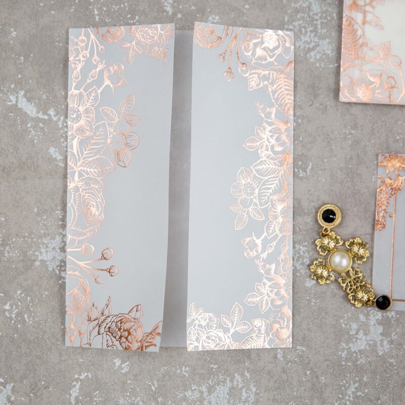 Copper Foil Botanical Vellum Paper Pocket Wedding Invitation Etsy