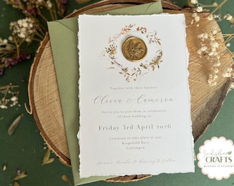 Wax Seal Rustic Wedding Invitation, Wildflower Invites with Deckled Edge, Wildflower Wreath Wedding Stationery, Sage Green Envelope