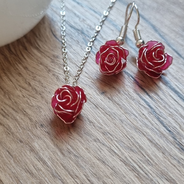 Parure bijoux fleur rose rouge ensemble collier boucles d'oreilles parure mariage