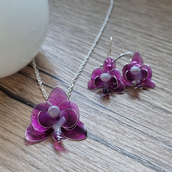 Parure bijoux fleur orchidée violette et blanc ensemble collier boucles d'oreilles parure mariage