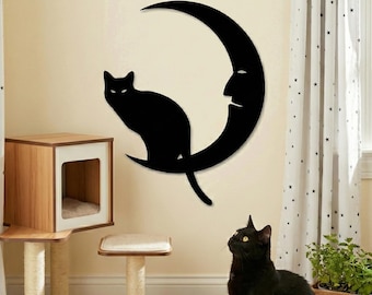 Mystical Moon Cat Metal Wall Art | Modern Minimalist Home Decor