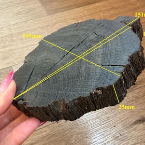May include: A dark, charred-looking circular wood slice with visible grain and bark edges. Yellow lines indicate measurements of 151mm, 136mm, 109mm, and a thickness of 25mm. The surface shows natural cracks and a deep, dark, weathered texture.