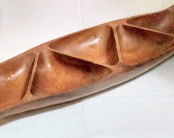 Mid Century Teak Wooden Divided Serving Tray Hand Carved Kitchen Table Decor Collectible Unique Rustic Farmhouse Accent Pieces Folk Art