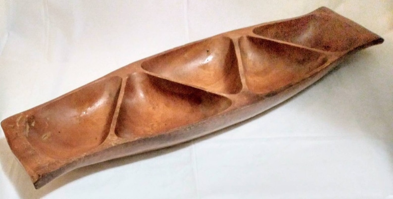 Mid Century Teak Wooden Divided Serving Tray Hand Carved Kitchen Table Decor Collectible Unique Rustic Farmhouse Accent Pieces Folk Art