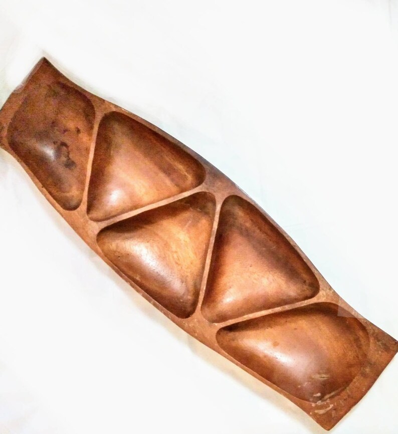 Mid Century Teak Wooden Divided Serving Tray Hand Carved Kitchen Table Decor Collectible Unique Rustic Farmhouse Accent Pieces Folk Art