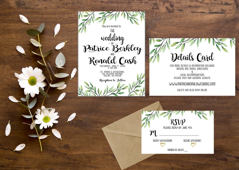 FREE SHIPPING Greenery Wedding Invitation Wedding Invitation Wedding Details Printable Wedding Invitation Set RSVP Card