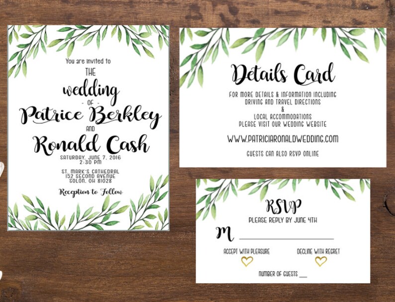 FREE SHIPPING Greenery Wedding Invitation Wedding Invitation Wedding Details Printable Wedding Invitation Set RSVP Card