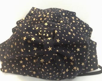 Face mask - Midnight blue black gold star bow face covering with hidden filter pocket and elastic loops- reusable and washable.