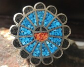 Size 5 1 2 Sterling Silver Native American Crushed Turquoise Coral Onyx Inlay Kachina Sun Large Round Solid Durable Women 39 s Vintage Big Ring