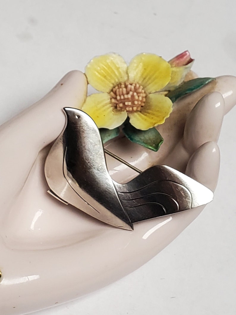 Denmark VW Fammik Signed Sterling Silver Mid Century Modern Modernist Wearable Art Abstract Peaceful Bird Dove Vintage Brooch Pin