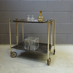 foldable serving trolley black gold with tray, French Dinett bar trolley, mid century tea cart, textable serving table