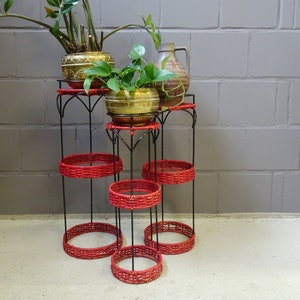 Plant stand set of metal and rattan, round flower columns red black