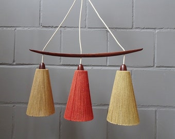 Temde pendant lamp in teak and sisal in beige and dark red, Mid Century pendant lamp three-flame