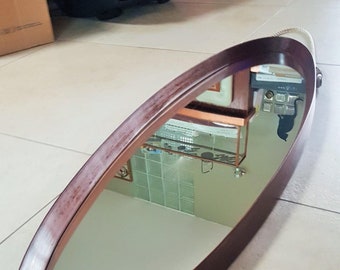 Oval mid-century teak wall mirror with rope cord, Italy 1950s