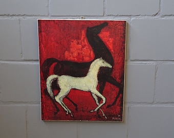 Oil painting horses signed P Fulvio, impressionist painting, horses picture on canvas