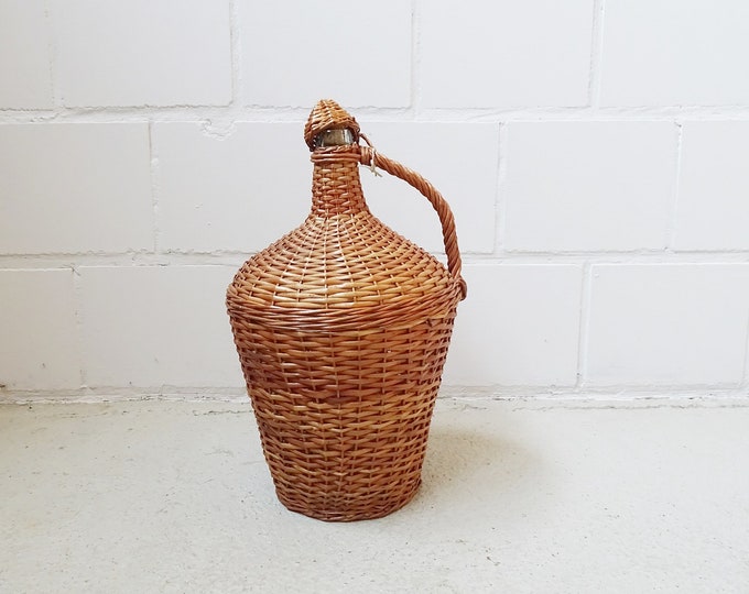 Featured listing image: large basket bottle, wicker basket glass balloon, vintage Demijohn