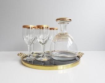 Glass carafe with liqueur glasses and tray, Mid Century liqueur set gold-plated