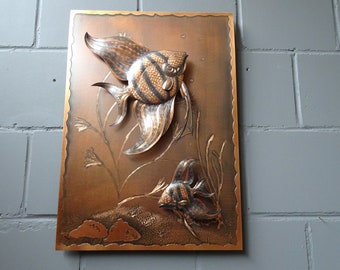 large copper painting with fish real handmade, 3D image of copper, copper wall relief 70 x 50 cm