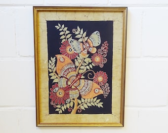 framed linen print with butterfly and flowers, mid century wall hanging