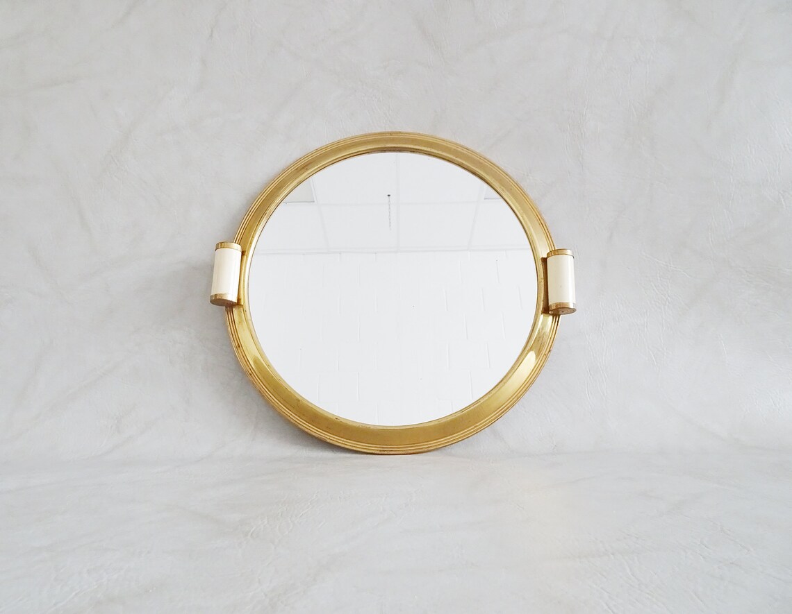 Large round mirror tray gold coloured Art Deco Serving tray Etsy