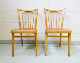 Kitchen chair 50s wooden with red seat, wooden chair set Mid Century, sprout chairs