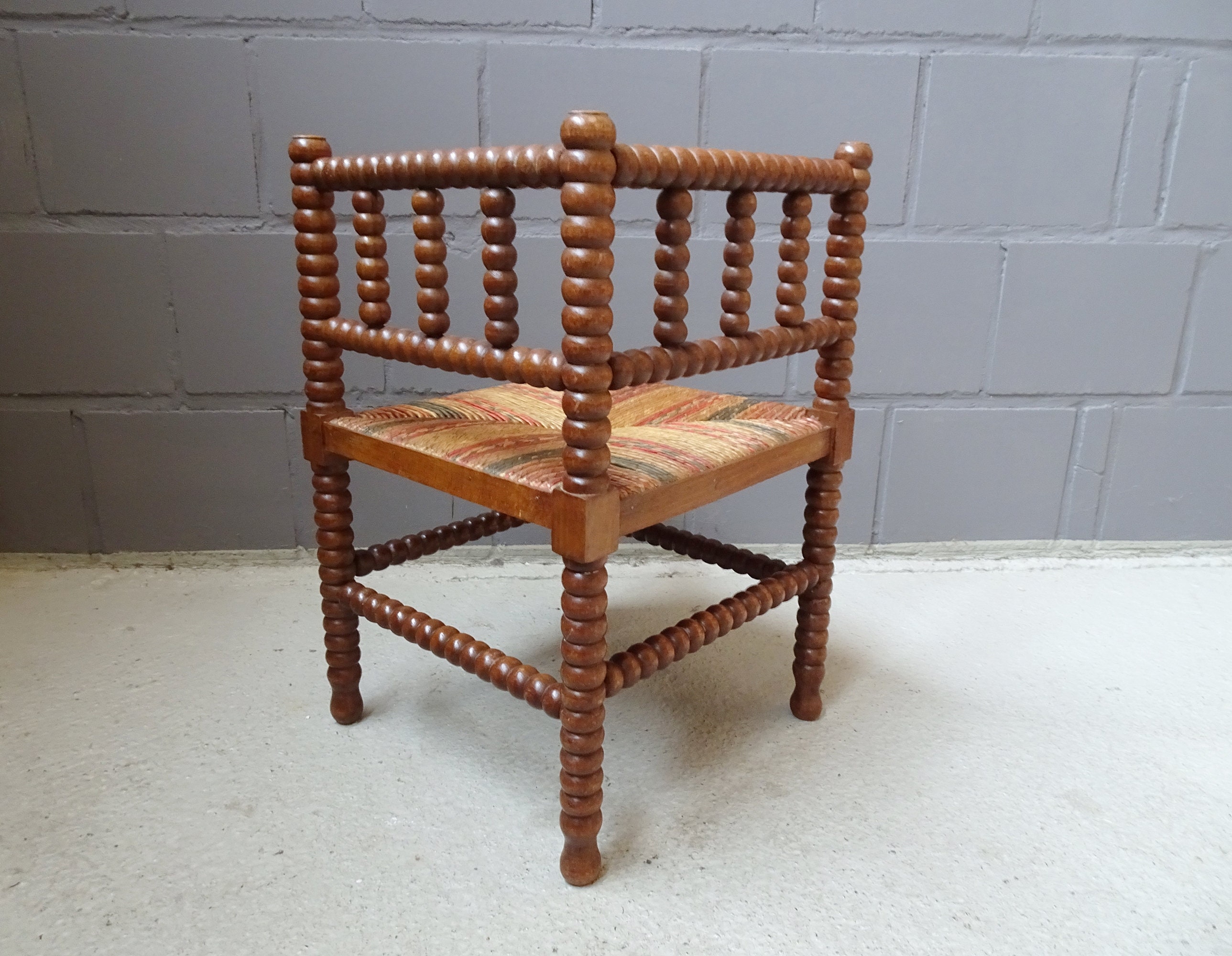 rustic Spanish stool with backrest, sisal stool, ottoman, corner chair