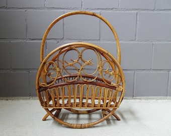 large bamboo newspaper stand 1960s, rattan magazine stand