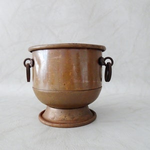 Copper flower pot with wrought iron handles, old copper kettle with handle, small metal bucket, plant pot