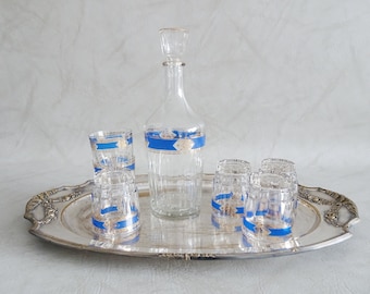 Italian glass carafe with glasses and silver plate