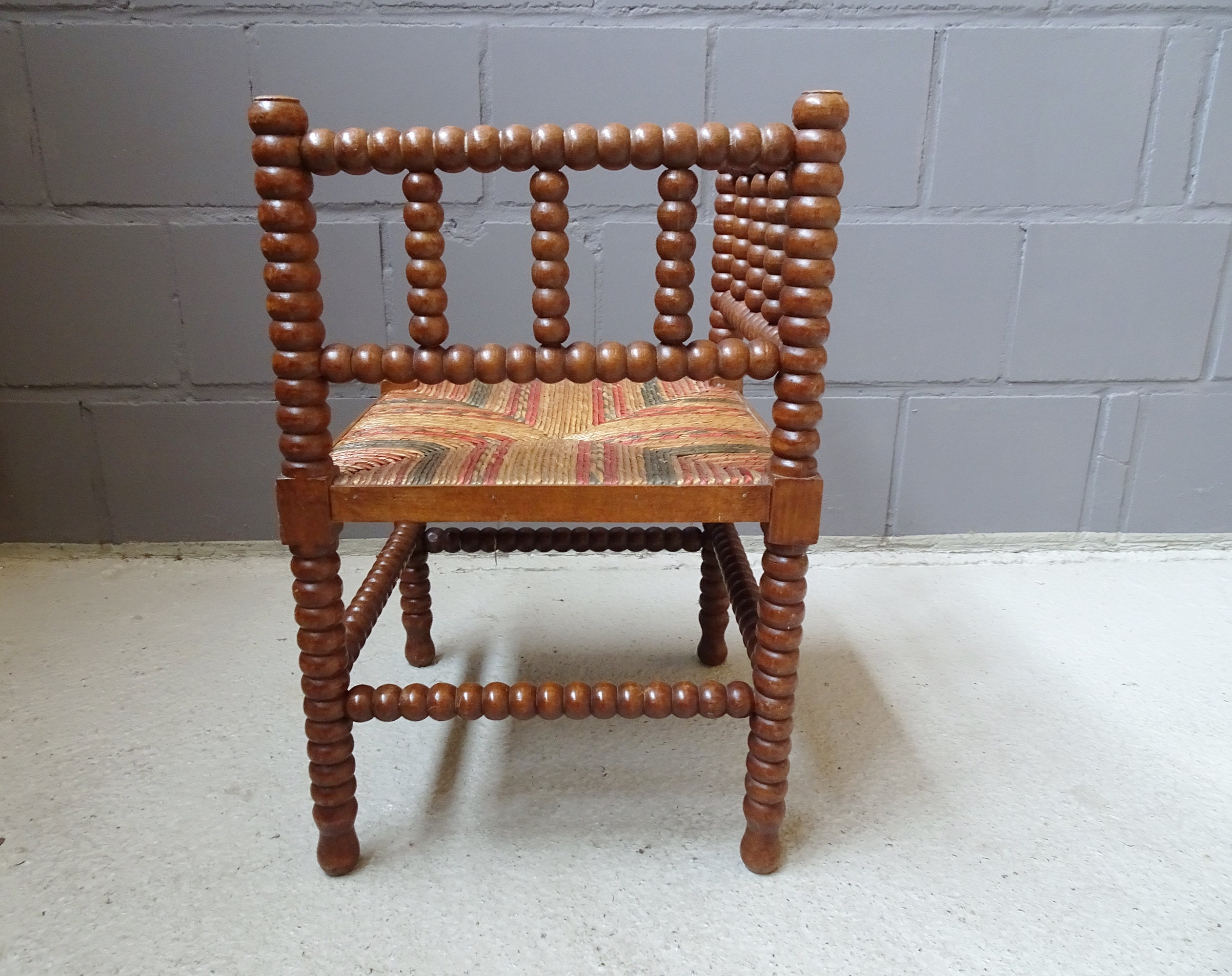 rustic Spanish stool with backrest, sisal stool, ottoman, corner chair