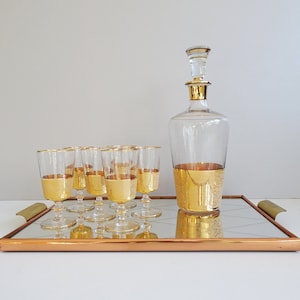 Glass carafe with liqueur glasses and mirror tray, Mid Century liqueur set gold-plated
