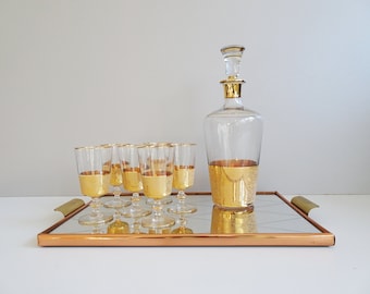 Glass carafe with liqueur glasses and mirror tray, Mid Century liqueur set gold-plated