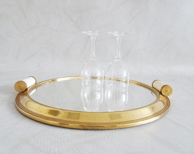 Large Round Mirror Tray Gold Coloured, Art Deco Serving Tray With