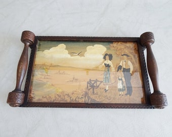 Breton tray with painting on wood, French wooden tray