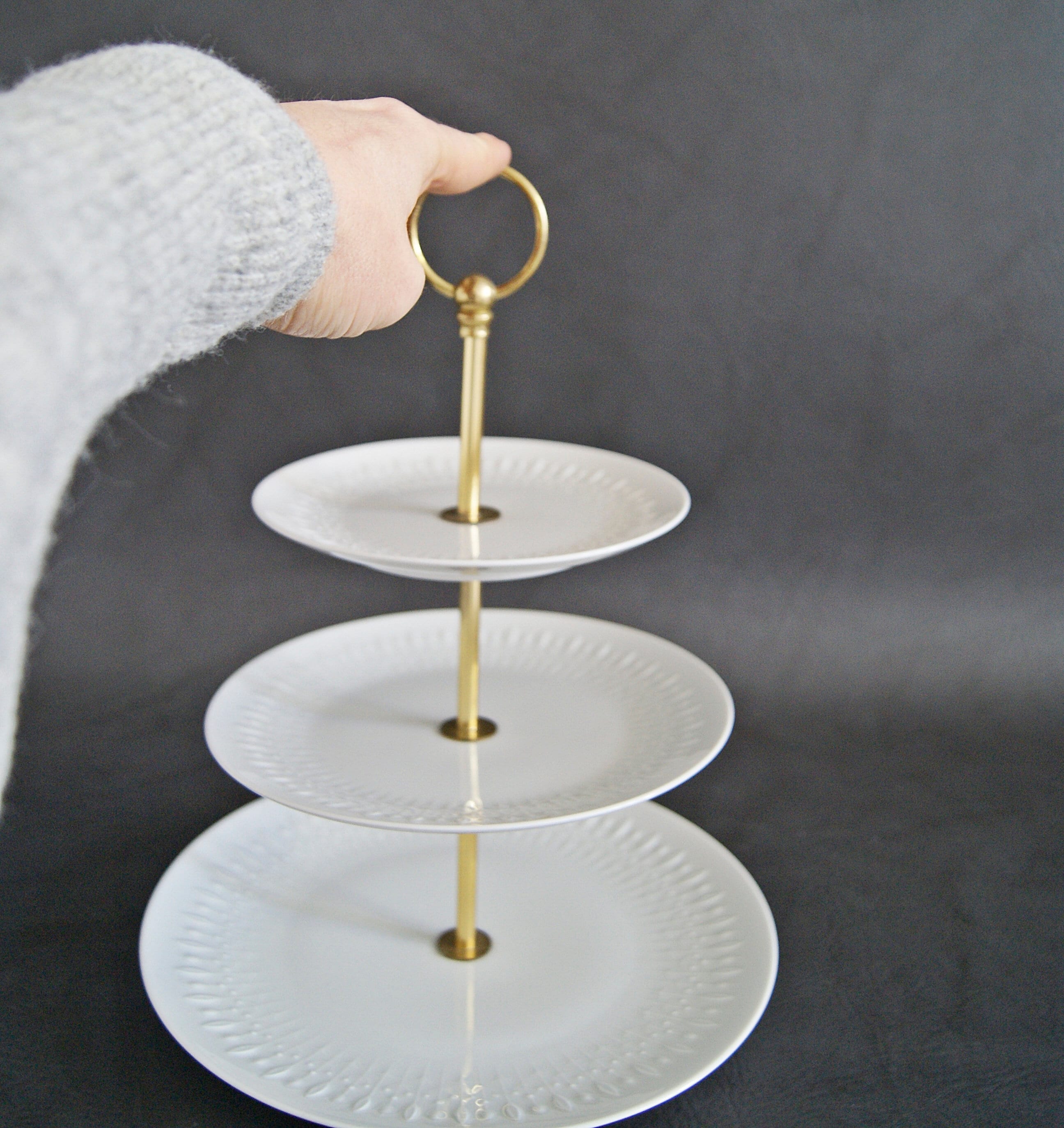 Large white porcelain Etagere with brass handle, offer bowl, porcelain