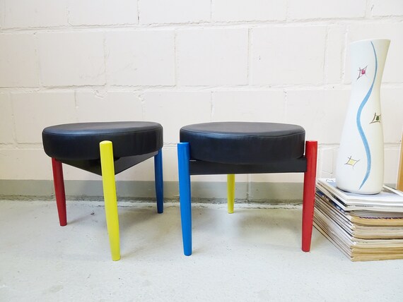 Italian Stool In Memphis Design Stool Set With Leather Upholstery Footstool Stool