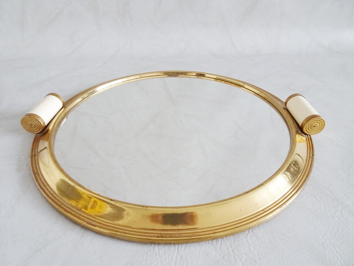 Large round mirror tray gold coloured Art Deco Serving tray Etsy