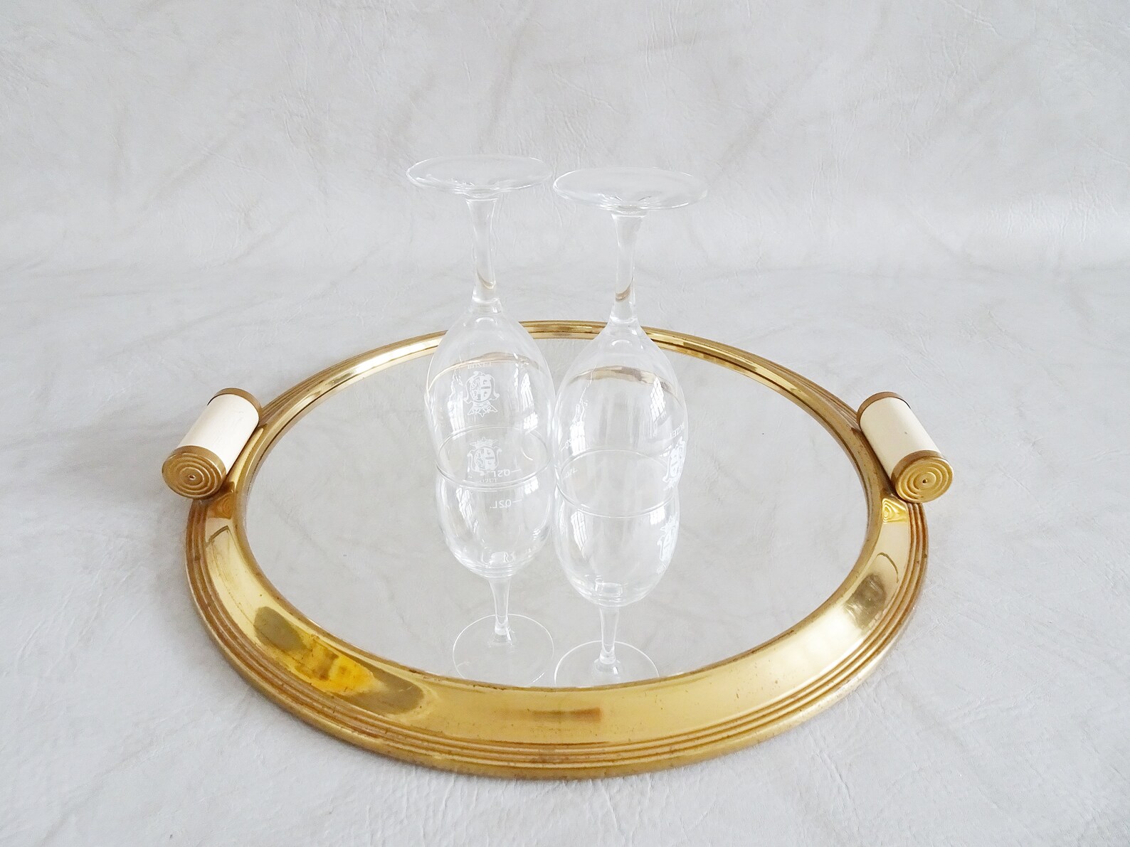 Large round mirror tray gold coloured Art Deco Serving tray Etsy