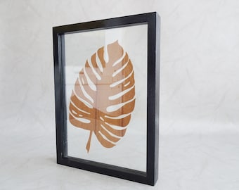 framed plant picture with Monstera leaf made of teak wood, flower picture